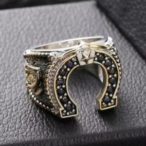 Men's Silver and Black Horseshoe Ring